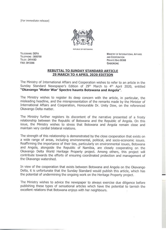 The Ministry of International Affairs and Cooperation addresses the misleading article that read “Okavango ‘Water War’